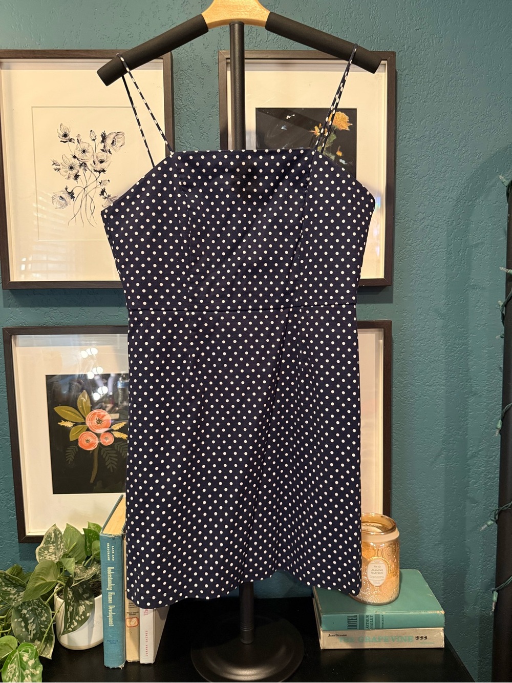 She + Sky Navy and White Polka Dot Spaghetti Strap Mini Dress